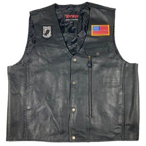 Event Biker Leather Motorcycle Vest XXL w/ P.O.W. M.I.A. & American Flag Patch